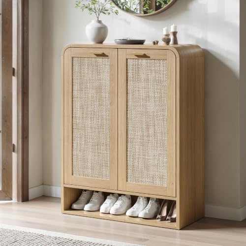 Evermagin 41 Inch Rattan Shoe Storage Cabinet Holds 24 Pairs, Natural Oak | 5-Tier Boho Shoe Cabinet with Doors, Modern Wooden Freestanding Shoe Storage Cabinet for Entryway Hallway , Living Room - color: Natural Oak