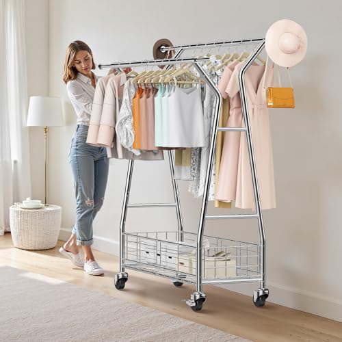 VEVOR Clothes Rack, Rolling Clothing Garment Rack, Extendable Carbon Steel Clothing Racks with Wheels for Bedroom, Laundry, Living Room - style: with Storage Basket