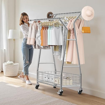 VEVOR Clothes Rack, Rolling Clothing Garment Rack, Extendable Carbon Steel Clothing Racks with Wheels for Bedroom, Laundry, Living Room - style: with Storage Basket