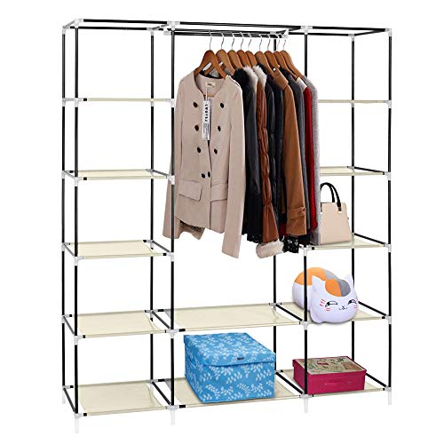 Portable Clothes Closet, Wardrobe Storage Organizer with Non-Woven Fabric, Quick and Easy to Assemble (Beige)