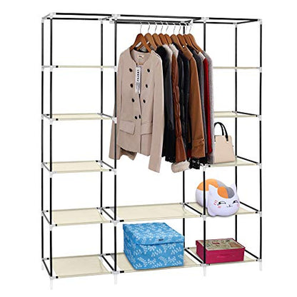 Portable Clothes Closet, Wardrobe Storage Organizer with Non-Woven Fabric, Quick and Easy to Assemble (Beige)