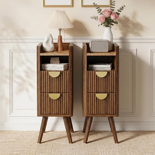 26.4"H Narrow Nightstand Set of 2, 9.8"W Slim Side Table with 2 Fluted Drawers and Open Shelf, Tall Skinny Bedside Table with Curved Corner & Solid Wood Legs for Small Spaces, Bedroom, Walnut - color: Walnut, size: 2 Pack