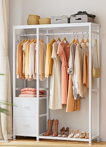 Clothes Rack with 2 Rods, Shelves, Drawers & Hooks, Garment Rack | Clothes rack with 2 hanging rods (50lbs each), 2 shelves, 2 fabric drawers & 4 hooks. 300lb total capacity. Fits small spaces - color: White