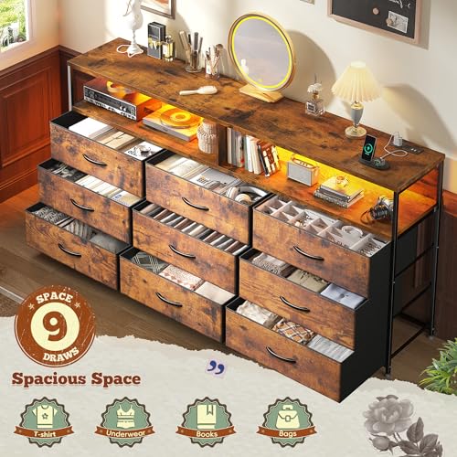 Romorgniz 55" W Dresser for Bedroom with 9 Drawers LED TV Stand with Power Outlets for 45, 55, 65 Inch TV Sturdy Long Chest of Drawers with Extra 2 Wooden Shelves Steel Frame Rustic Brown - color: Rustic Brown