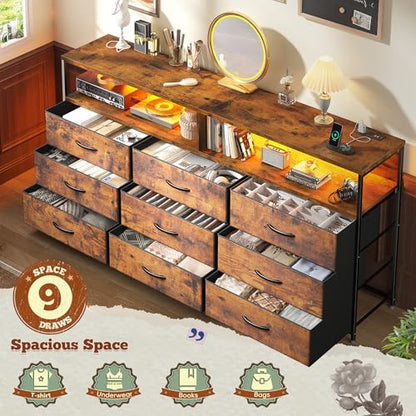 Romorgniz 55" W Dresser for Bedroom with 9 Drawers LED TV Stand with Power Outlets for 45, 55, 65 Inch TV Sturdy Long Chest of Drawers with Extra 2 Wooden Shelves Steel Frame Rustic Brown - color: Rustic Brown
