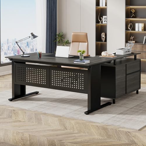 Tribesigns 63 Inch Executive Desk with File Cabinet, Large Office Desk | L Shaped Desk with File Drawer, Computer Table Desk with Storage, Large Desk for Home Office, Easy Assembly, Gray and Black - color: Gray and Black