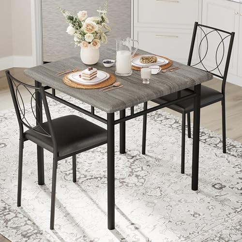 Space-Saving Dining Table Set for 2 – 3-Piece Farmhouse Wood Table & | Upholstered Chairs – Modern Compact Dining Furniture for Apartments & Breakfast Nooks – Grey - color: Grey, size: 3-Piece