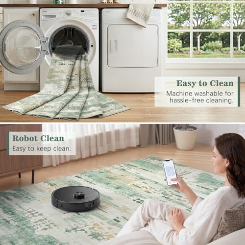 DCX Washable Abstract Area Rug 2x8, Non Slip Low Pile Rug, Sage Green | Easy to clean, non-shedding, soft, kid & pet friendly, with a non-slip rubber backing for living rooms, bedrooms, and offices - color: Green & White, size: 2' x 8'