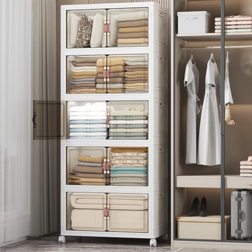 Stackable Storage Bins, 560QT Collapsible Drawers with 1 Lid | Large Capacity, Magnetic Door, Stack Lock, Rolling Wheels, Foldable Design, Organizers and Storage for Bedroom Dorm Garage - color: White-112qt, size: 5Pack with 1 top lid