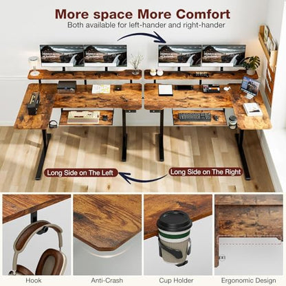 59 Inch L Shaped Standing Desk with Shelves and Keyboard, Electric Corner Standing Desk Adjustable Height, Sit Stand Computer Table with Reversiable Splice Board，Rustic Brown