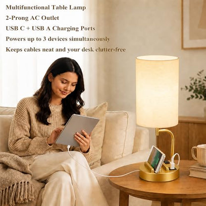 Dreamholder Touch Control USB Table Lamp with USB C/A & AC Outlet, 3-Way Dimmable Bedside Lamp, Modern Nightstand Lamps for Bedroom Living Room Guest Room Office, Bulb Included, Gold - color: Gold