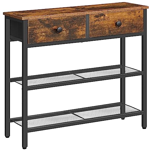 HOOBRO 29.5" Narrow Console Table with 2 Fabric Drawers, Sofa Table, Small Entryway Table with 3-Tier Storage Shelves, Behind Couch Table, for Living Room, Hallway, Rustic Brown and Black BF72XG01 - color: Rustic Brown + Black