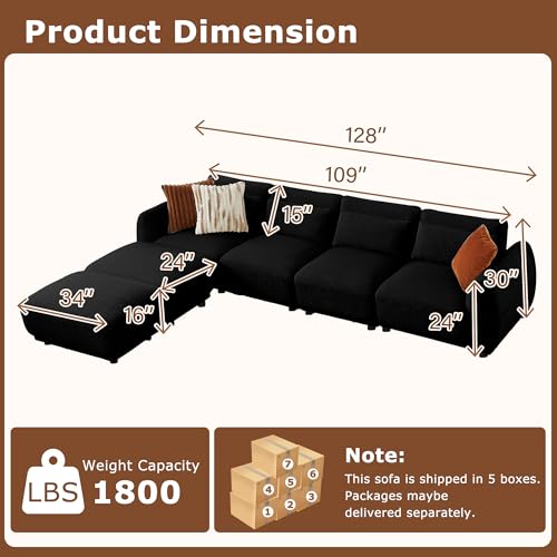U Shaped Cloud Sectional, Convertible L Shaped Couch with Removable Ottomans,Modular Cloud Couch Sectional for Living Room (4 Set + 2 Ottomans - Black) - color: Black, size: 4set+2 Ottoman