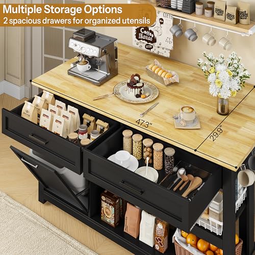 Kitchen Island with Storage and Seating Include 2 Bar Stools, Drawers,Black | 47" Solid Rubberwood Top Kitchen Island with Trash Can Storage, Power Outlet, 6 Hooks, Coffee Bar Cabinet, Dining Table for 2 - color: Black