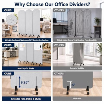3-Panel Office wall Divider W/Wheels, 72 x 66 in Portable Partition wall | Office Dividers for Sound Proofing & Reducing, Freestandings Privacy Cubicle Temporary Wall with Whiteboards, pen, thumbtacks - color: Light Gray