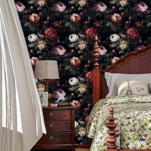 Black Vintage Floral Peel and Stick Wallpaper 17.5" x 393" | Waterproof Vinyl Self Adhesive Removable Renter Friendly Floral Contact Paper - color: Black, size: 17.5" x 393"
