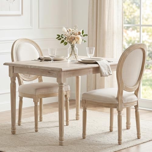 Kmax Farmhouse Dining Room Chairs, French Distressed Bedroom Chairs with Round Back, Elegant Tufted Kitchen Chairs, Set of 2, Beige - color: Natural Wash-fabric-beige, size: 2 Chairs