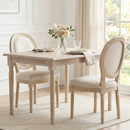 Kmax Farmhouse Dining Room Chairs, French Distressed Bedroom Chairs with Round Back, Elegant Tufted Kitchen Chairs, Set of 2, Beige - color: Natural Wash-fabric-beige, size: 2 Chairs