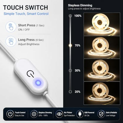 5V USB 3mm Ultra-Thin LED COB Light Strip,400LEDs/M Touch Dimmer COB Strip. | 5V USB Powered COB Lights for TV Under Cabinet Kitchen Living Room Shelving or Displays