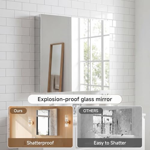 30" x 30" Bathroom Medicine Cabinet with Mirror, Recessed or Wall Mount | Medicine Cabinets with Adjustable Glass Shelves, Soft-Closed Hinge, Chrome Aluminum Frame, Reverse Installation - size: 30" x 30"