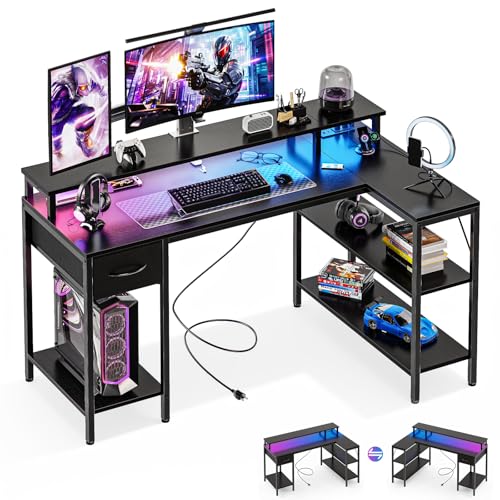 DUMOS 53 Inch Gaming Desk, L Shaped Desk, LED Lights | Monitor Stand, Storage Shelves, Computer Table, USB Charging Ports, Power Outlets, Small Spaces, Black - color: Black, size: 53-Inch