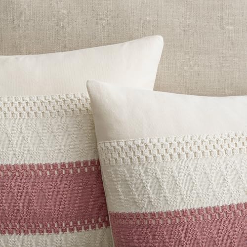 2 Pack Boho Throw Pillow Covers, Contrast Dusty Pink 18x18in | Soft Breathable Cotton, Farmhouse Decorative Couch Pillow Cases, Cushion Covers for Sofa Bed Living Room Home Decor - color: Contrast/Dusty Pink, size: 18" x 18" (Pack of 2)