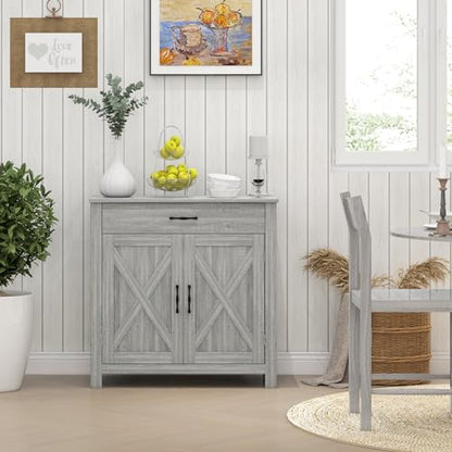 HOMCOM Farmhouse Sideboard Buffet Cabinet Barn Door Gray | Coffee Bar Cabinet, Drawer, Adjustable Shelf, Kitchen, Living Room, Entryway - color: Stone Gray
