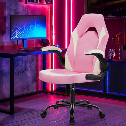 Sweetcrispy Computer Video Game Desk Chair: Ergonomic Comfy Lumbar Support, PU Leather with Flip-up Armrest, Height Adjustable and 360° Swivel, for Adults, Pink - color: Pink