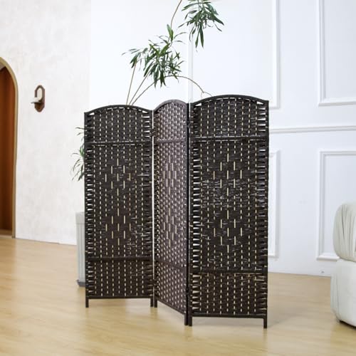 3-Panel Short Room Divider, 3.9 ft Freestanding Partition Wall, Dark Brown Rattan Double-Sided Folding Screen for Living Room, Bedroom & Corner Privacy - color: Dark Brown, size: 3 Panel