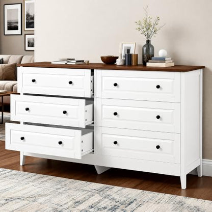 6 Drawer Chest of Drawers for Bedroom Living Room Entryway | Bedroom Furniture Chester, Stylish White Modern Painted Solid Wood Anti-Tip Design Closet Storage Organizer Easy Assembly