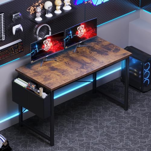 OLIXIS Computer Desk, 47 Inch Gaming Desks for Home Office Small Spaces | Writing Study Craft Work Table, Computer Workstation for Bedroom with Storage Bag, Rustic Brown - color: Brown Table Top &Black Legs, size: 47 Inch