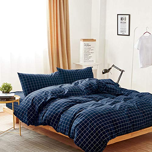 Wake In Cloud - Grid Cotton Duvet Cover Set, Plaid Checkered Geometric Farmhouse, 100% Washed Cotton Textured Bedding Set, 3 Pieces, Navy Blue, Queen Size - size: Queen