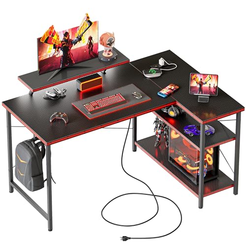 40 in Corner Desk with Monitor Stand, Small L Shaped Gaming Desk | Reversible Computer Desk with Power Outlets, LED Light & Storage Shelves, Office Table for Home Bedroom Study Work Writing - color: Carbon Fiber, size: 40 inch