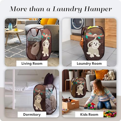 Handy Laundry Collapsible Mesh Pop Up Laundry Hamper with Side Pocket – Breathable, Space-Saving, Foldable Basket for Clothes, Toys, Travel & Storage, 14 x 13 x 24 in, Monkey - color: Monkey