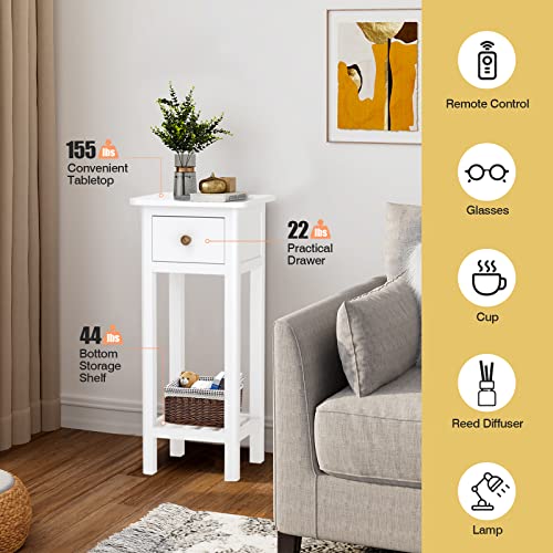 Narrow End Table, Tall Nightstand with Drawer & Shelf, Small Bedside Table w/Anti-Tipping Device, No Assembly, White - color: White
