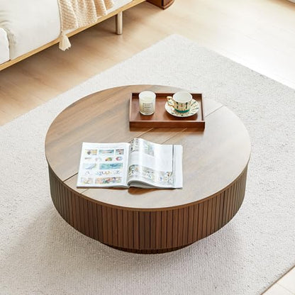 33" Round Coffee Table with Lift-Top & Flip-Top Storage, Modern Accent Fluted Coffee Tables with Metal Frame, Wooden Circle Center Table for Living Room Small Space Apartment Office (Walnut) - color: Walnut 33" Round Lift-top & Flip-top