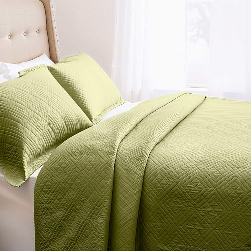 Clara Clark Quilts Twin Size - All Season Bedspread Coverlet Set, Pinsonic Weave Lightweight Bedding Set - 5 Piece Twin Quilt Set with Pillow Shams, Olive Green - Twin Diamond - color: 39 – Olive Green – Diamond, size: Twin