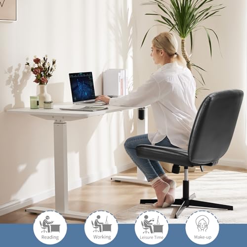 DUMOS Criss Cross Chair No Wheels, Wide Seat Cross Legged Office Desk Vanity Chair, Faux Leather Armless Height Adjustable Swivel Task Computer Chairs for Home, Study, Black PU - color: Black Pu