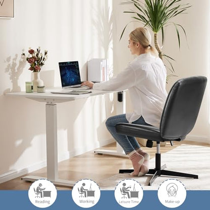 DUMOS Criss Cross Chair No Wheels, Wide Seat Cross Legged Office Desk Vanity Chair, Faux Leather Armless Height Adjustable Swivel Task Computer Chairs for Home, Study, Black PU - color: Black Pu