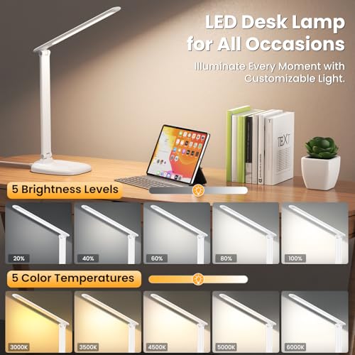 Desk Lamp with Charger, 10%-100% Stepless Dimmable & 5 Color Modes Study Lamp, Touch Control, 30-/60-minute Timer, USB Charging Output Port, CRI≥90, Eye-Caring Foldable LED Desk Lamps for Home Office - color: White-US