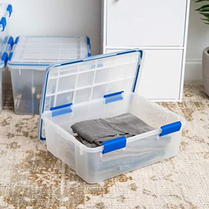 IRIS USA 4-Pack 26.5/44 Combo Qt Storage Bins with Gasket Lids, Clear/Blue | WeatherPro seal helps block dust and moisture Multiple sizes organize every room with confidence - size: 27 & 44 Qt. Combo