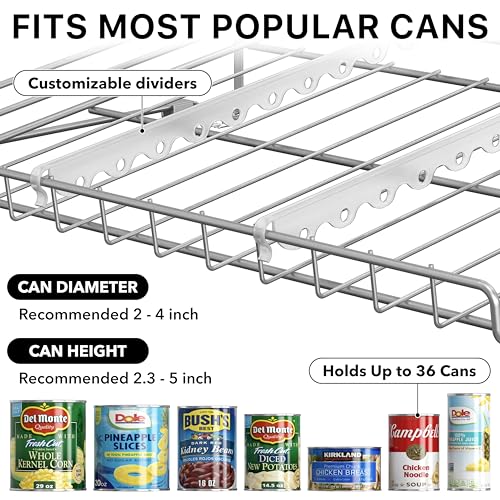 Simple Houseware Stackable Can Rack, Silver, Adjustable Plastic Dividers, Holds 36 Cans | Can Food Storage Dispenser for Pantry/Cabinet, Adjustable Dividers – 11.5" D x 17" W x 13.75" H - color: Silver