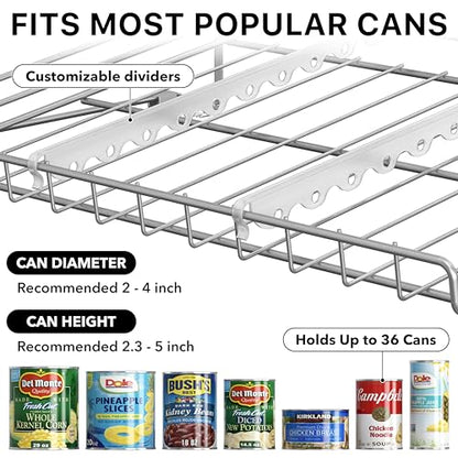 Simple Houseware Stackable Can Rack, Silver, Adjustable Plastic Dividers, Holds 36 Cans | Can Food Storage Dispenser for Pantry/Cabinet, Adjustable Dividers – 11.5" D x 17" W x 13.75" H - color: Silver