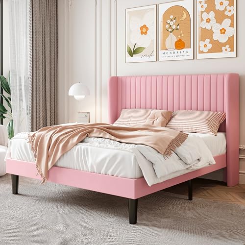 SHA CERLIN Full Size Velvet Bed Frame, Tufted Wingback Headboard, Pink | 47'' Modern Vertical Channel Headboard, Upholstered Platform Bed, Wood Slats, No Box Spring Needed, Easy Assembly, Noise Free - color: Pink, size: Full