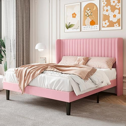 SHA CERLIN Queen Size Velvet Bed Frame, Tufted Wingback Headboard, Pink | 47'' Modern Vertical Channel Headboard, Upholstered Platform Bed, Wood Slats, No Box Spring Needed, Easy Assembly, Noise Free - color: Pink, size: Queen