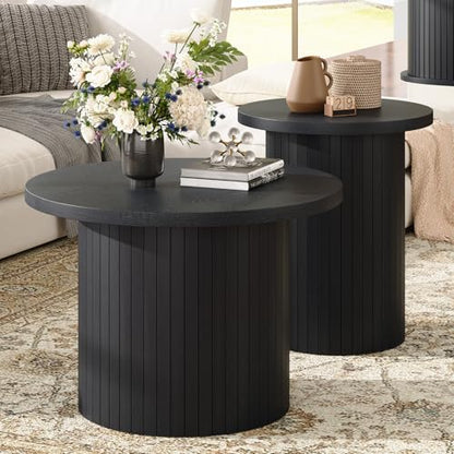 Nesting Coffee Table Set of 2, Mid Century Modern Round Coffee Tables, Wood Slat Side Table Set for Living Room, Office, Balcony, Textured Black - color: Black