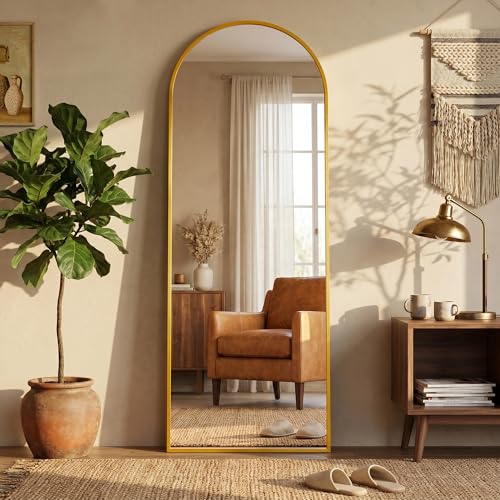 59"×19" Arched Full Length Floor Mirror, Standing Mirror with Aluminum Frame, Large Body Mirror of Free Standing/Wall Mount/Leaning for Bedroom, Living Room, Dressing Room, Gold - color: Gold, size: 59"L x 19"W