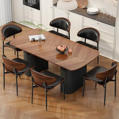 Dining Chairs Set of 2, Mid-Century Modern Upholstered PU Leather Chairs | with Walnut Bentwood Back and Metal Legs Adjustable Feet for Kitchen Dining Room, Black PU - color: Black Pu