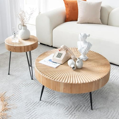 COZAYH 2-Piece Nesting Coffee Table - Round Table - Modern Farmhouse | Solid Pine Veneer Top, Black Metal Legs, Radial Wood Grain, Large 31.5 x 31.5 x 14.2 in, Small 15.7 x 15.7 x 18.4 in - color: Radial Pattern