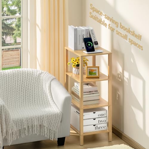 YUFAM 4-Tier Tall Slim Bookshelf, Small Bookcase for Small Spaces, Wood - color: Natural, size: 4-Tier